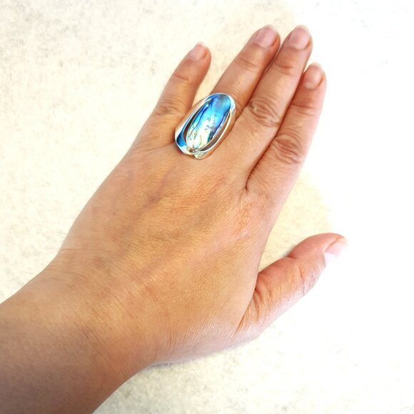 Chunky Vintage 925 Sterling Silver Oval Abalone Shell Inlay Statement Ring - Picture 12 of 14